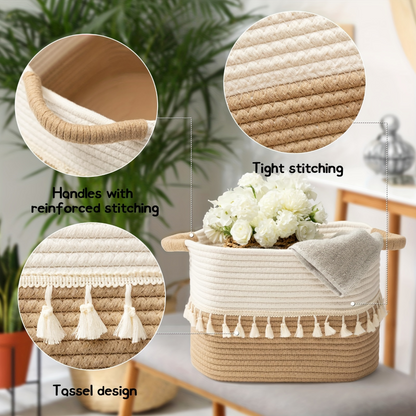 Boho Cotton Storage Basket Woven Tassel Organizer Bin