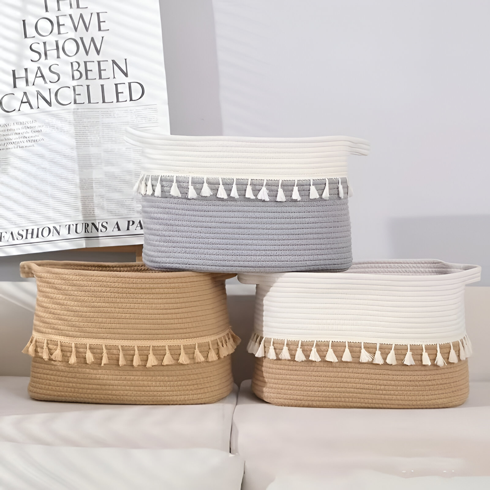 Boho Cotton Storage Basket Woven Tassel Organizer Bin
