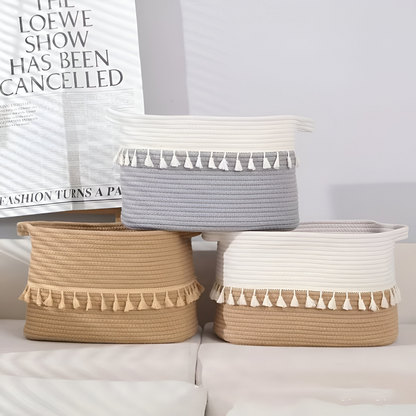 Boho Cotton Storage Basket Woven Tassel Organizer Bin