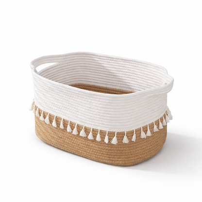 Boho Cotton Storage Basket Woven Tassel Organizer Bin