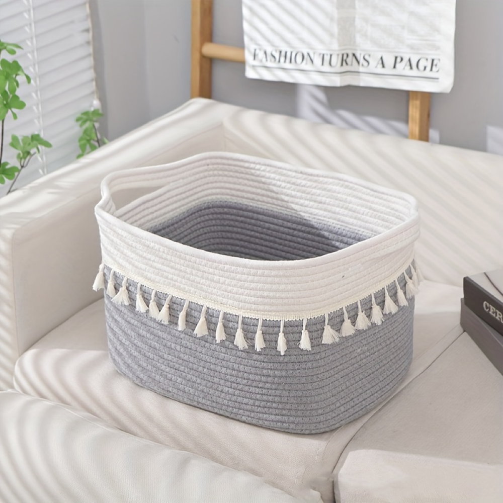 Boho Cotton Storage Basket Woven Tassel Organizer Bin