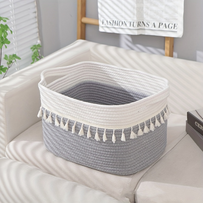 Boho Cotton Storage Basket Woven Tassel Organizer Bin