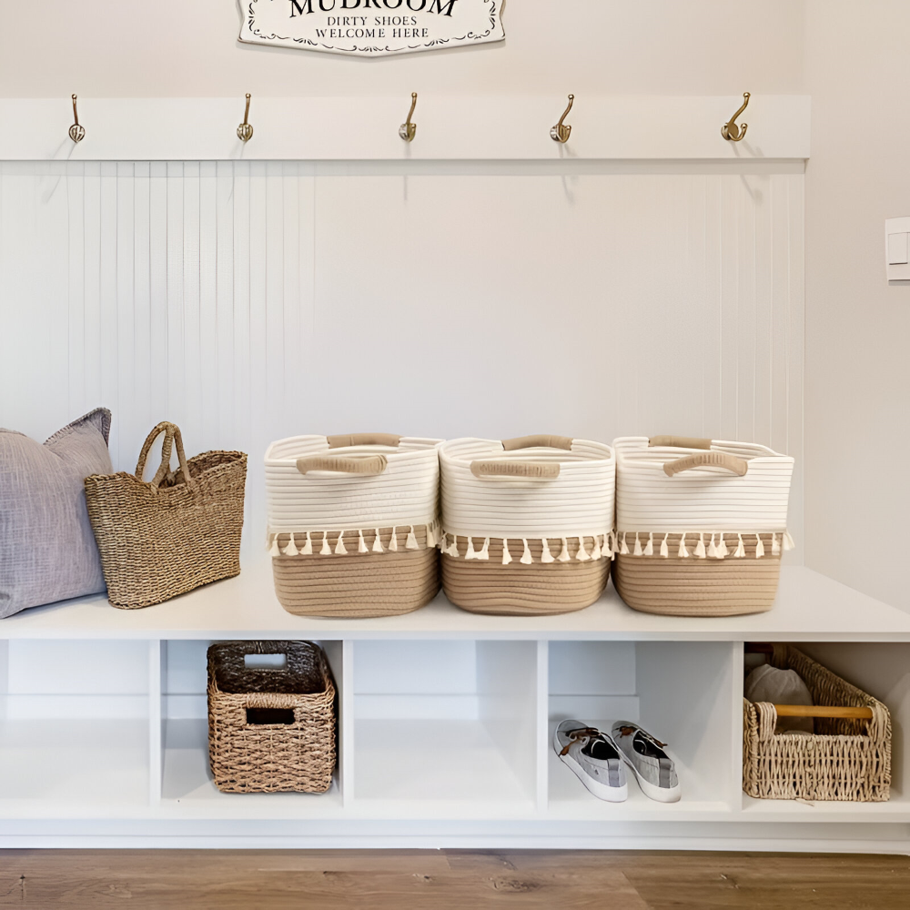 Boho Cotton Storage Basket Woven Tassel Organizer Bin