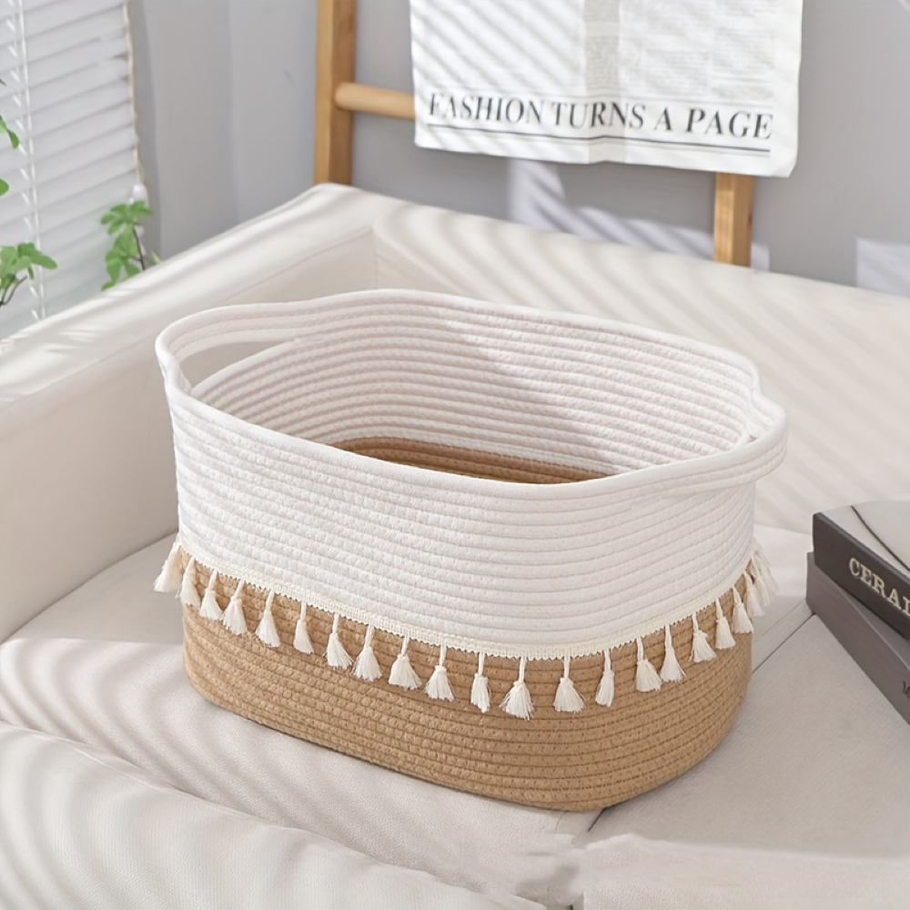 Boho Cotton Storage Basket Woven Tassel Organizer Bin