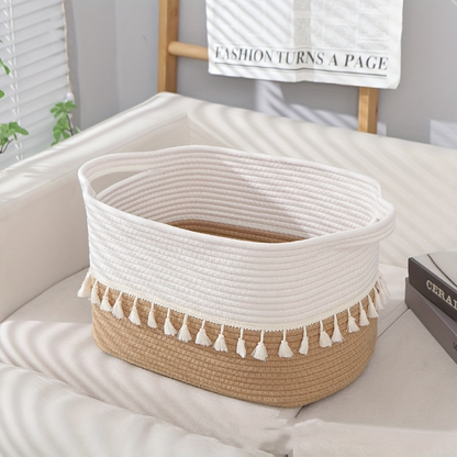 Boho Cotton Storage Basket Woven Tassel Organizer Bin