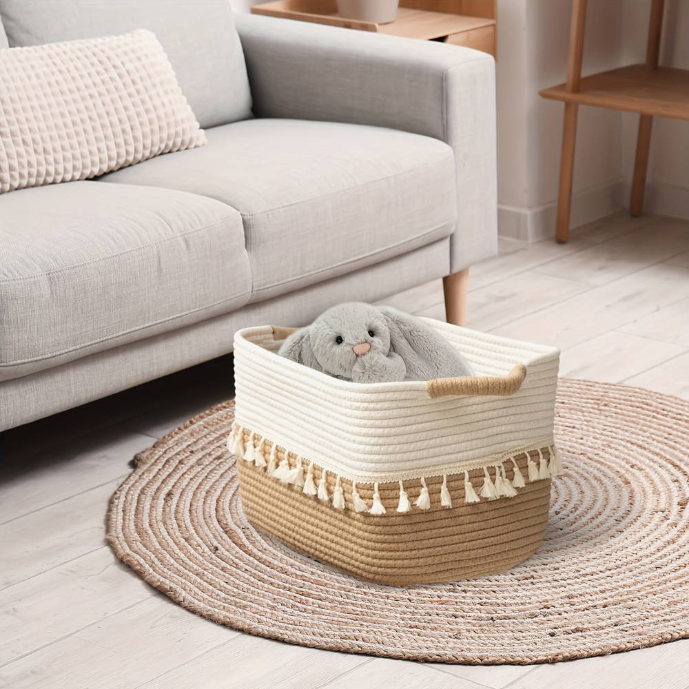 Boho Cotton Storage Basket Woven Tassel Organizer Bin