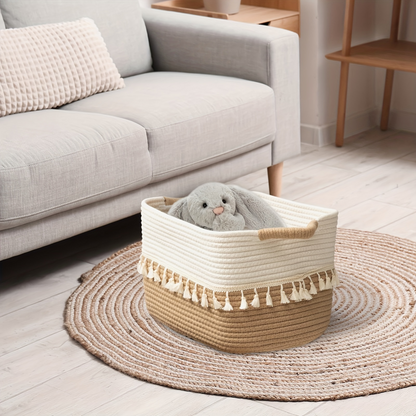 Boho Cotton Storage Basket Woven Tassel Organizer Bin