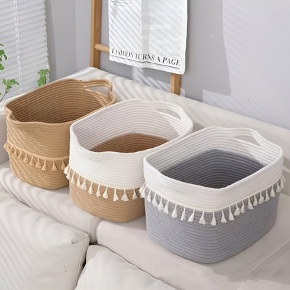 Boho Cotton Storage Basket Woven Tassel Organizer Bin