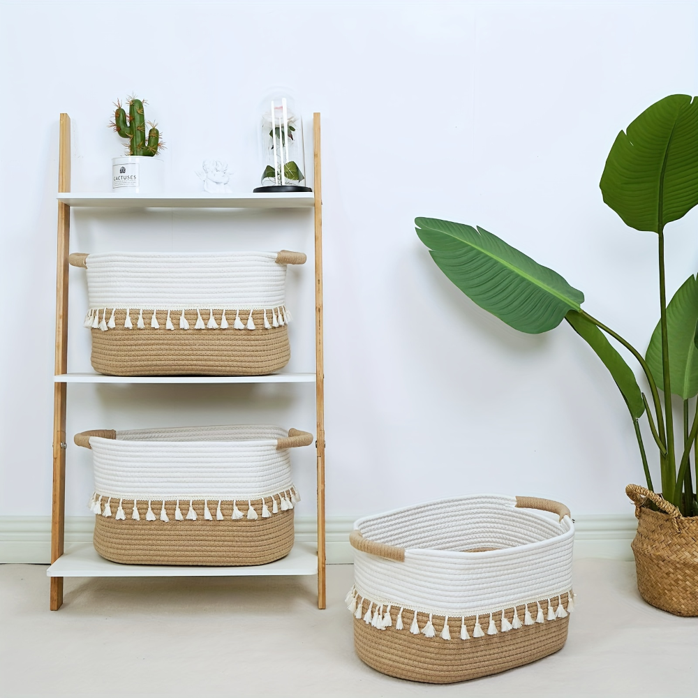 Boho Cotton Storage Basket Woven Tassel Organizer Bin