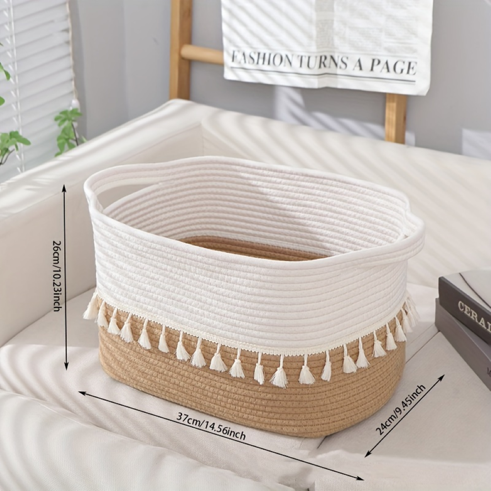 Boho Cotton Storage Basket Woven Tassel Organizer Bin