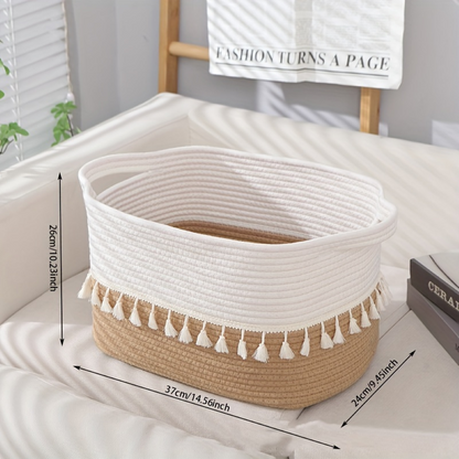 Boho Cotton Storage Basket Woven Tassel Organizer Bin