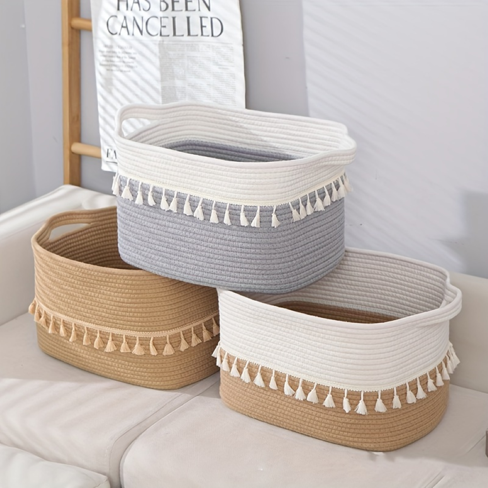 Boho Cotton Storage Basket Woven Tassel Organizer Bin