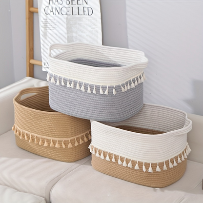 Boho Cotton Storage Basket Woven Tassel Organizer Bin
