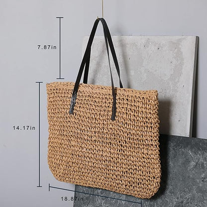Boho Straw Beach Bag Handmade Summer Tote Shoulder Handbag