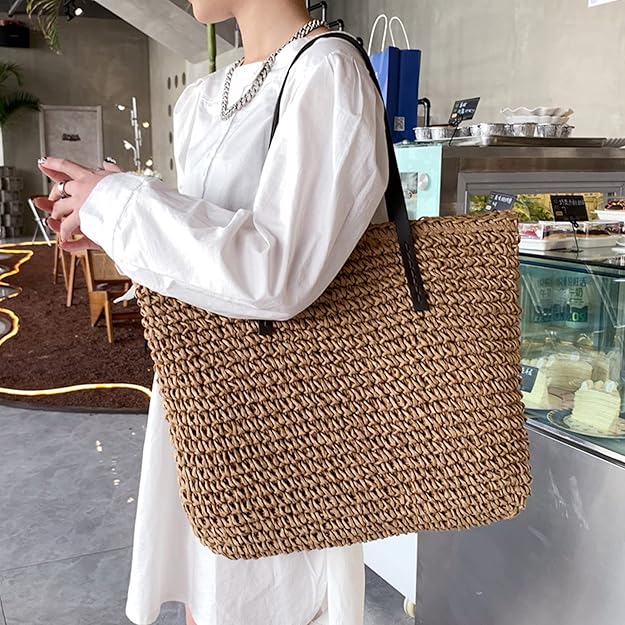 Boho Straw Beach Bag Handmade Summer Tote Shoulder Handbag