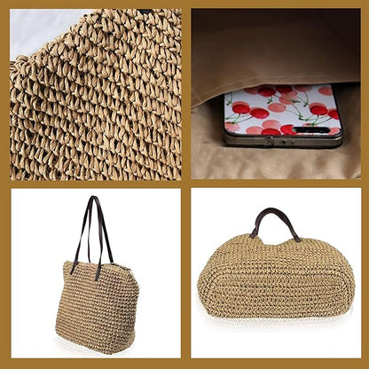 Boho Straw Beach Bag Handmade Summer Tote Shoulder Handbag