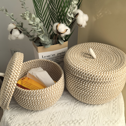 Boho Woven Storage Basket Round Decorative Organizer With Lid