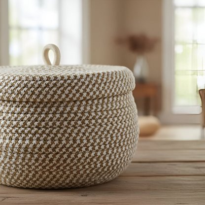 Boho Woven Storage Basket Round Decorative Organizer With Lid