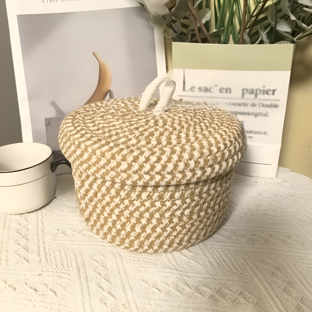 Boho Woven Storage Basket Round Decorative Organizer With Lid