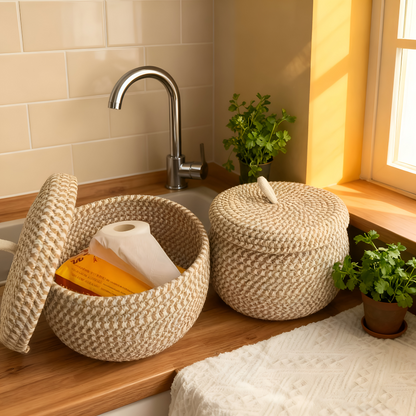 Boho Woven Storage Basket Round Decorative Organizer With Lid