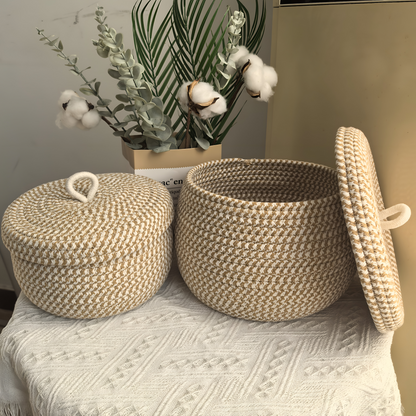 Boho Woven Storage Basket Round Decorative Organizer With Lid