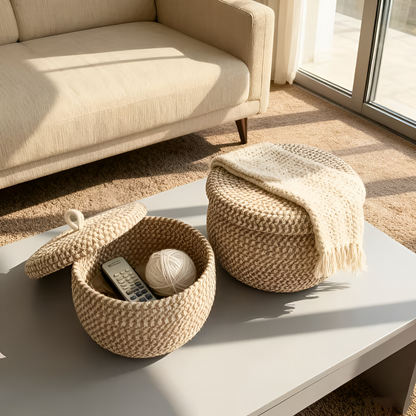 Boho Woven Storage Basket Round Decorative Organizer With Lid
