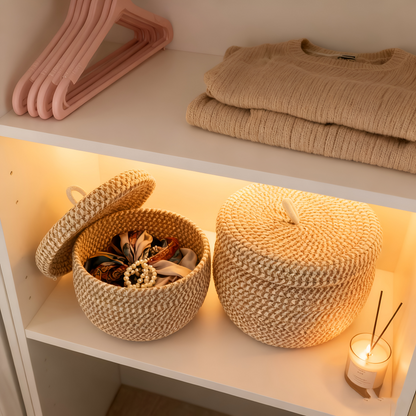 Boho Woven Storage Basket Round Decorative Organizer With Lid