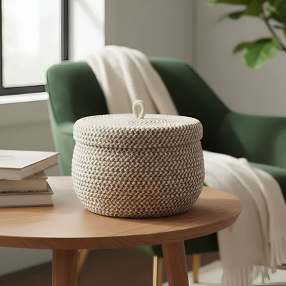 Boho Woven Storage Basket Round Decorative Organizer With Lid