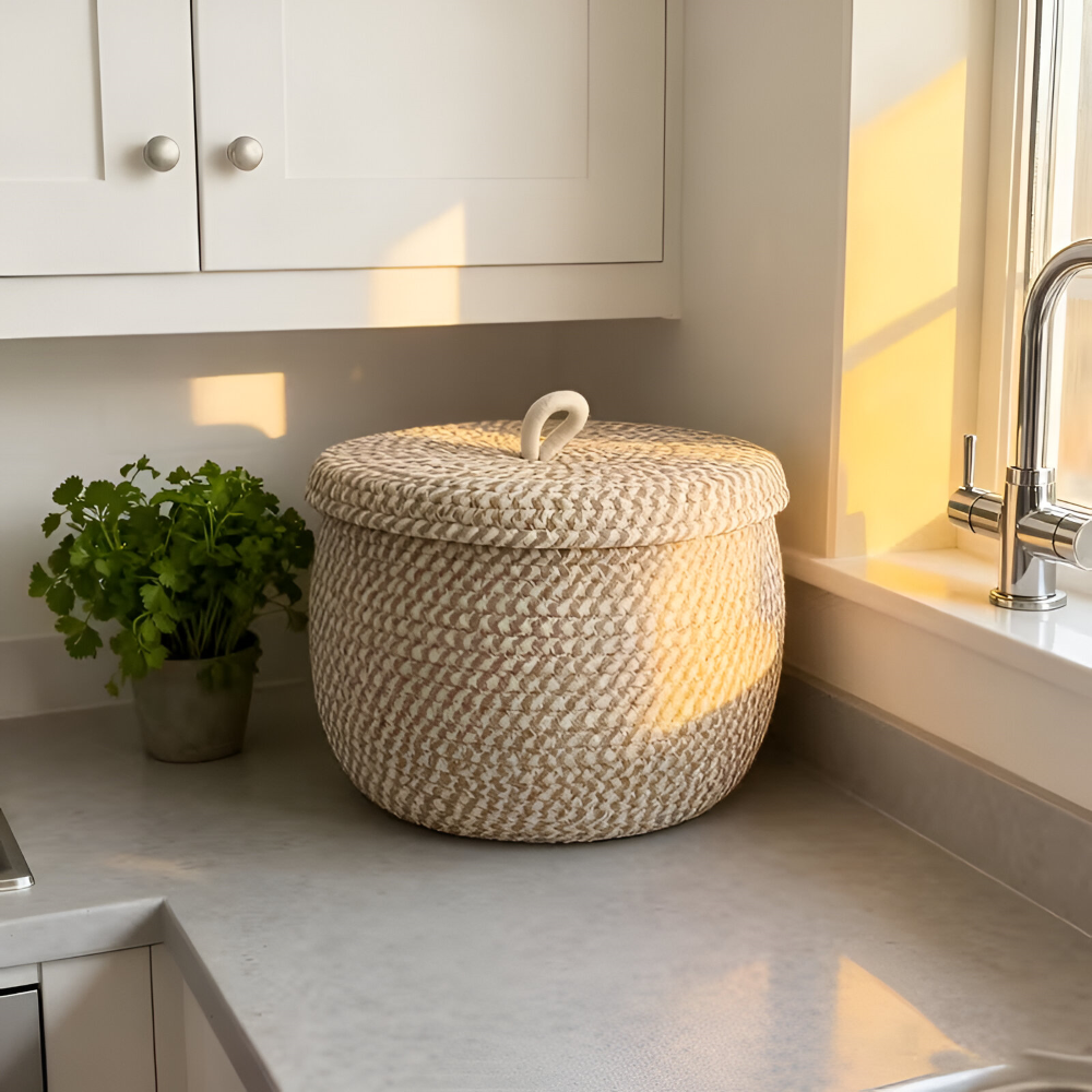 Boho Woven Storage Basket Round Decorative Organizer With Lid