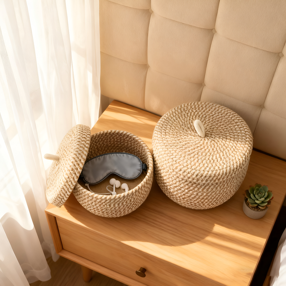 Boho Woven Storage Basket Round Decorative Organizer With Lid