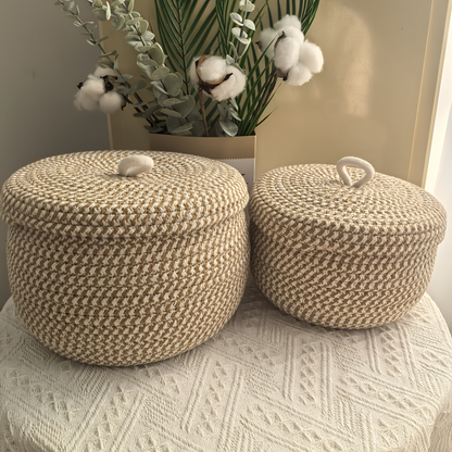 Boho Woven Storage Basket Round Decorative Organizer With Lid