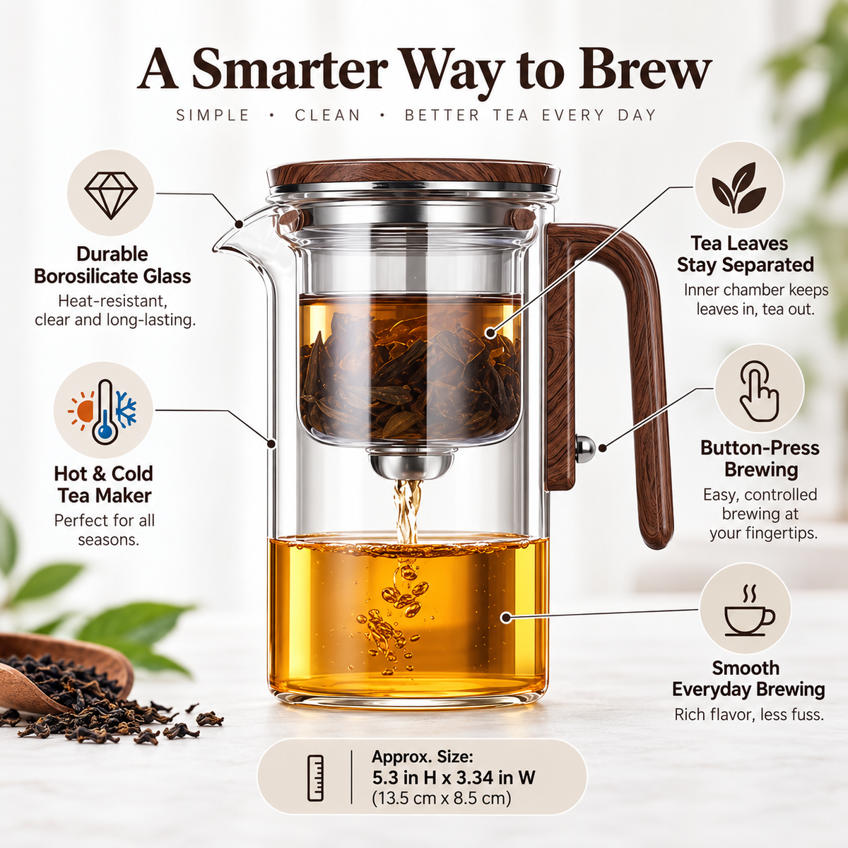 Borosilicate Glass Tea Infuser with Precision Brewing and Water-Separation Design