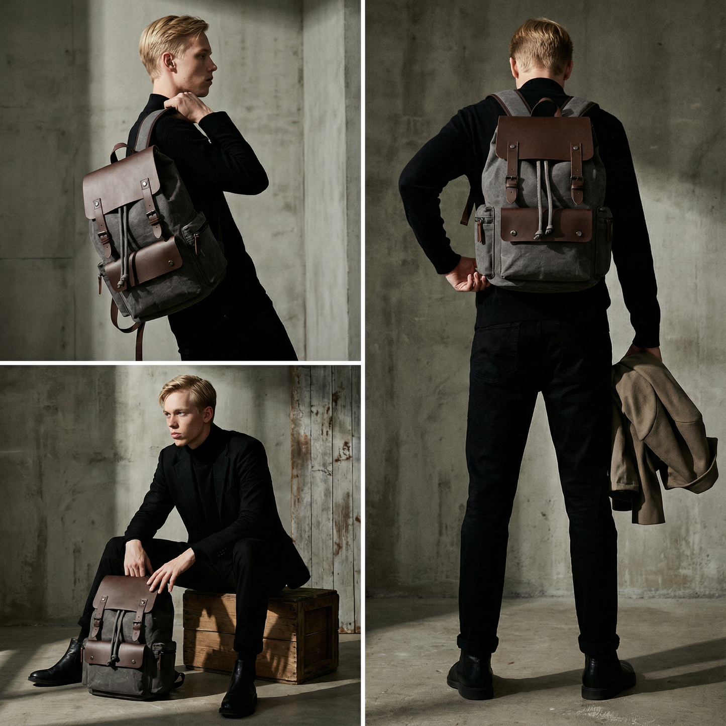 Canvas Leather Laptop Backpack Retro Travel School Bag