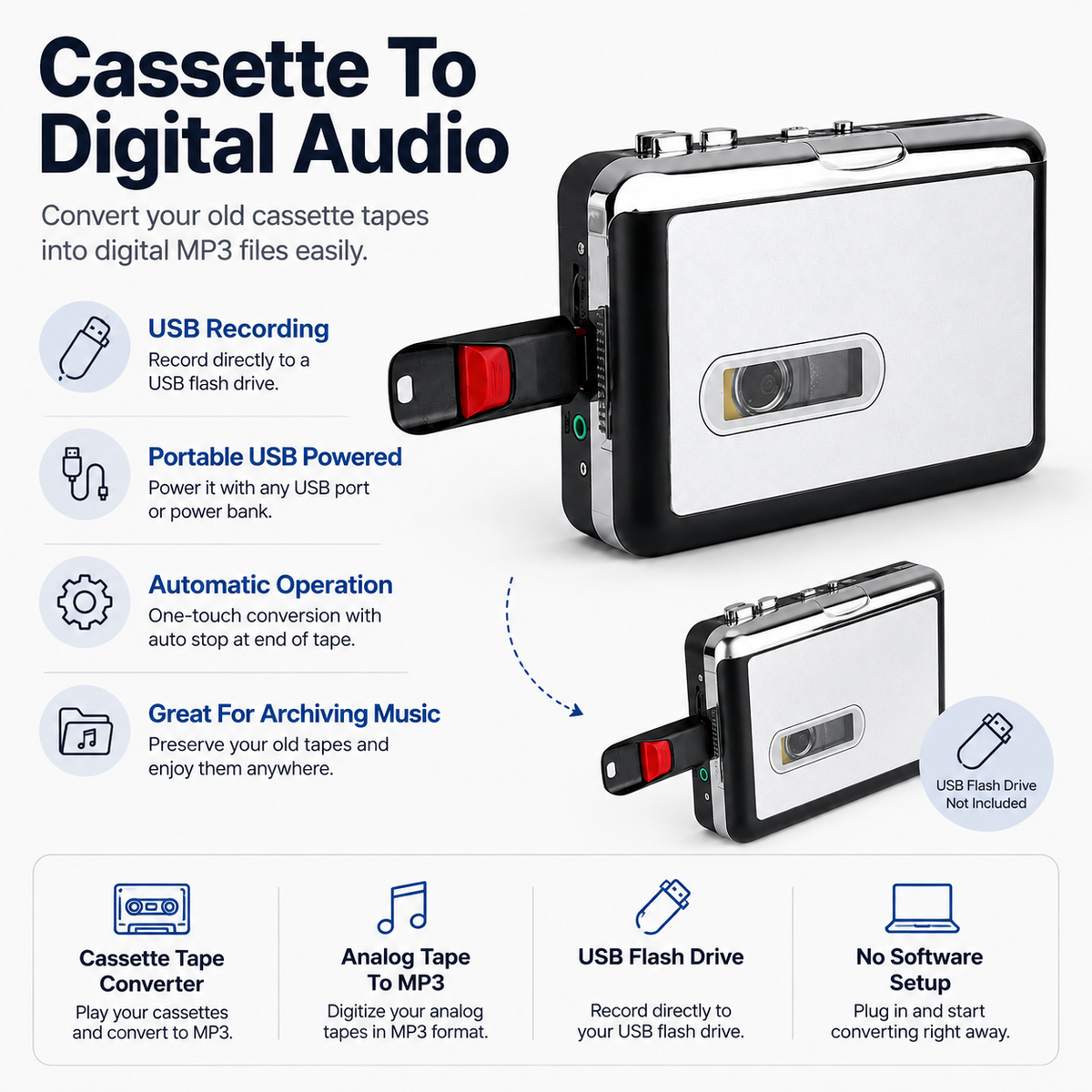 Cassette Tape Converter USB Player for Automatic Tape-to-Digital Recording