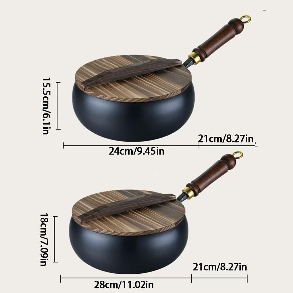 Cast Iron Frying Pan Durable Skillet Wooden Handle Cooking Pan