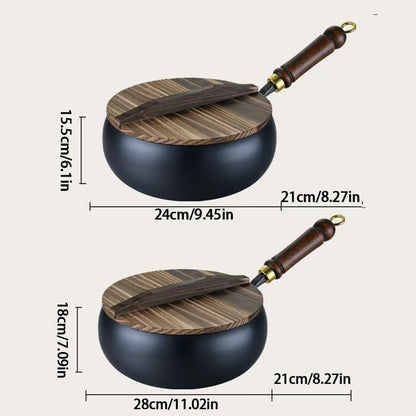 Cast Iron Frying Pan Durable Skillet Wooden Handle Cooking Pan