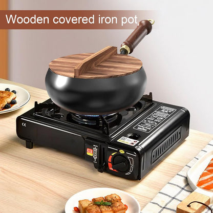 Cast Iron Frying Pan Durable Skillet Wooden Handle Cooking Pan