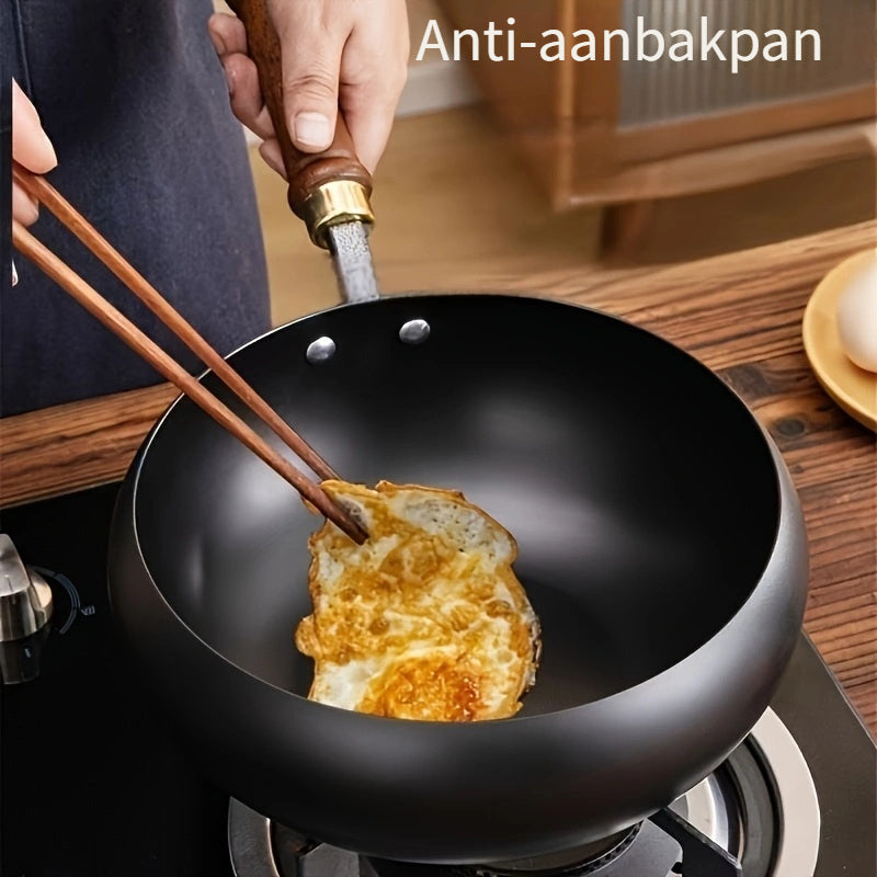 Cast Iron Frying Pan Durable Skillet Wooden Handle Cooking Pan