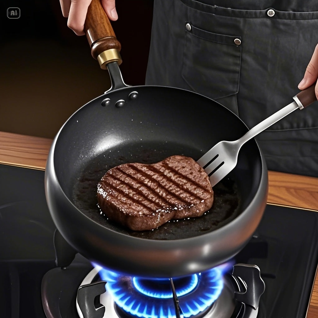 Cast Iron Frying Pan Durable Skillet Wooden Handle Cooking Pan