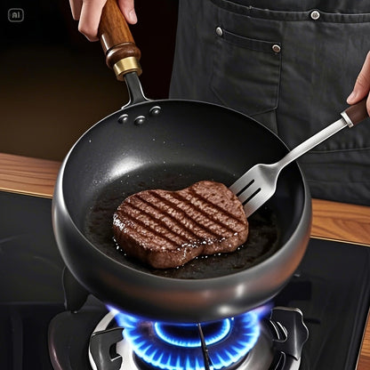 Cast Iron Frying Pan Durable Skillet Wooden Handle Cooking Pan