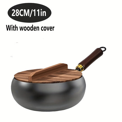Cast Iron Frying Pan Durable Skillet Wooden Handle Cooking Pan