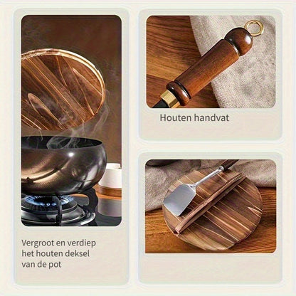 Cast Iron Frying Pan Durable Skillet Wooden Handle Cooking Pan