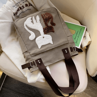 Cat Embroidered Canvas Tote Bag Large Capacity Shoulder Handbag