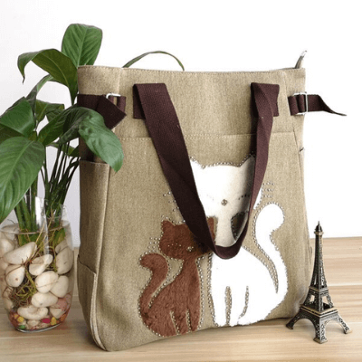 Cat Embroidered Canvas Tote Bag Large Capacity Shoulder Handbag
