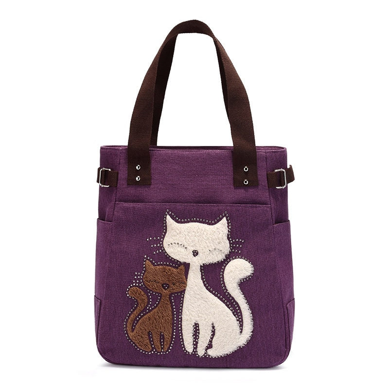 Cat Embroidered Canvas Tote Bag Large Capacity Shoulder Handbag