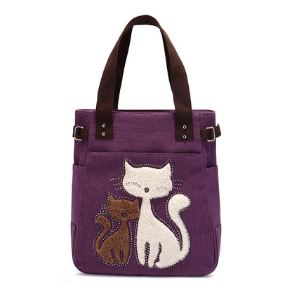 Cat Embroidered Canvas Tote Bag Large Capacity Shoulder Handbag