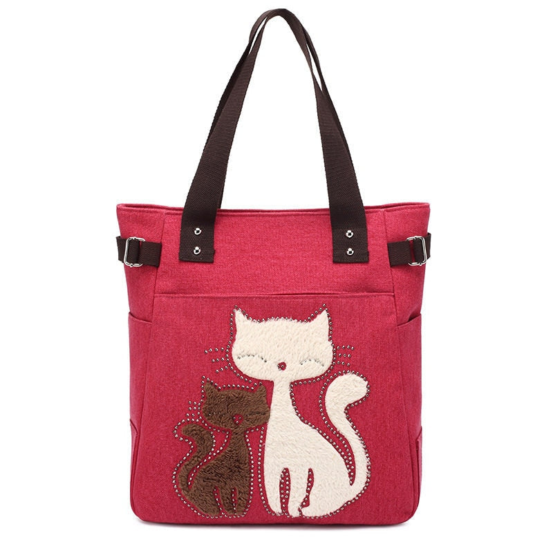 Cat Embroidered Canvas Tote Bag Large Capacity Shoulder Handbag