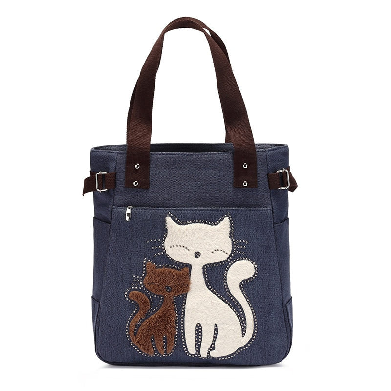 Cat Embroidered Canvas Tote Bag Large Capacity Shoulder Handbag