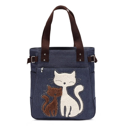 Cat Embroidered Canvas Tote Bag Large Capacity Shoulder Handbag