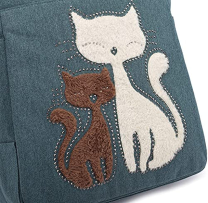 Cat Embroidered Canvas Tote Bag Large Capacity Shoulder Handbag
